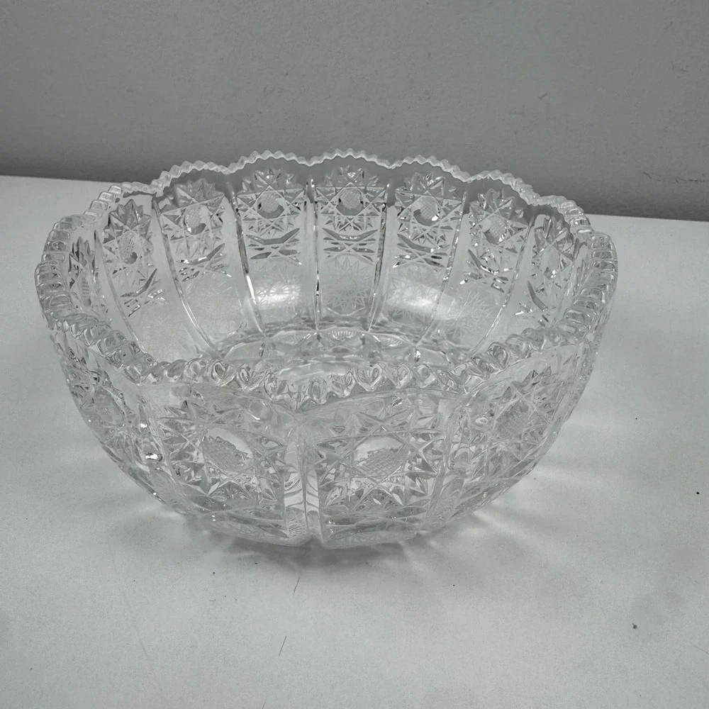 Vtg Clear Cut Glass Fruit Bowl Pinwheel Star Pattern Scalloped Sawtooth‎ Rim